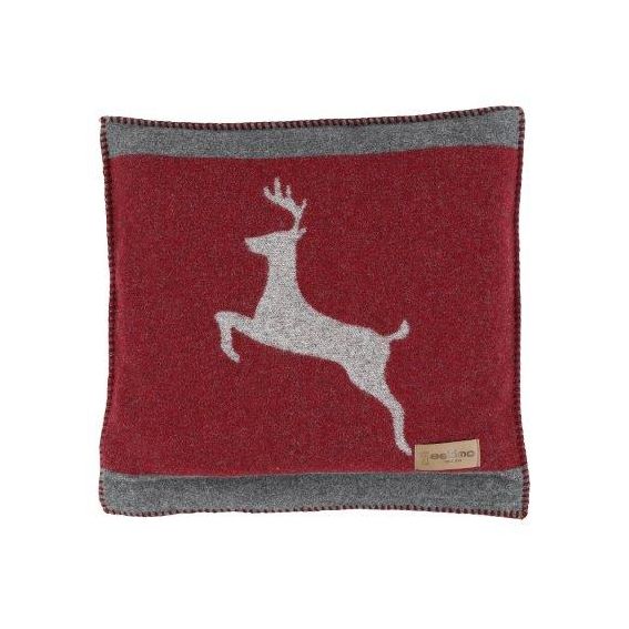 Eskimo Kissen Sedrun mit Hirsch aus Merinowolle (45x45cm) - Rot/Grau