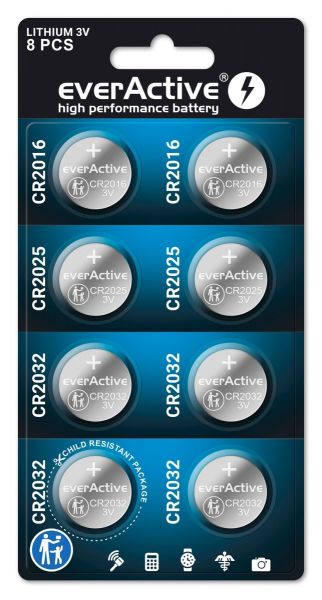 everActive CR-SET - 8 Lithium Knopfzellenbatterien, 3 Volt - CR2032, CR2025, CR2016