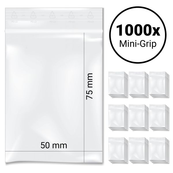 Topgrip Verschlussbeutel 50x75 mm - 1000 Stück (ohne Schriftfeld)