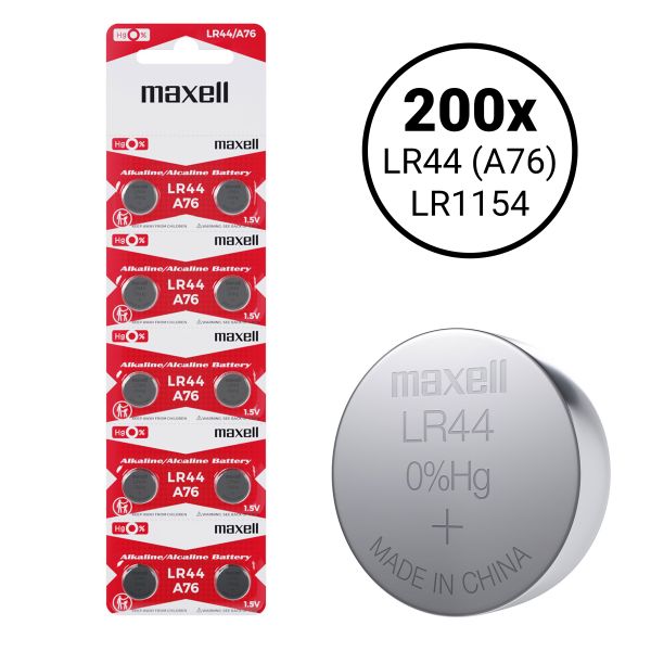 Maxell LR44 A76 (LR1154) - 200 Knopfzellenbatterien