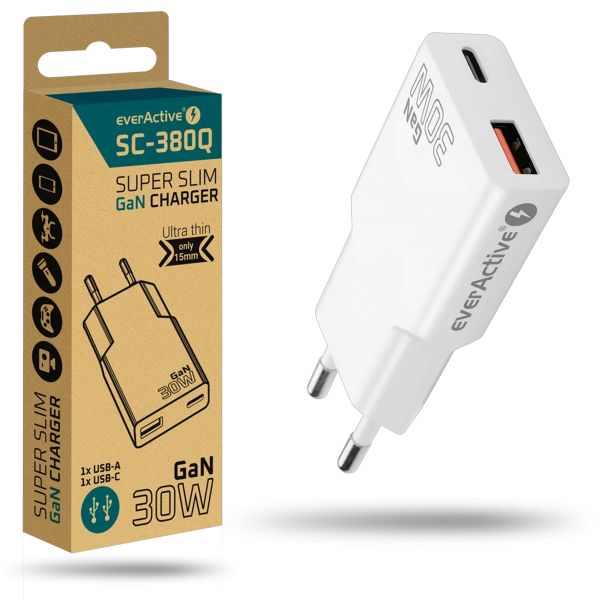 everActive Ladegerät SC-380Q 30 W USB-A + USB-C GaN - Weiss