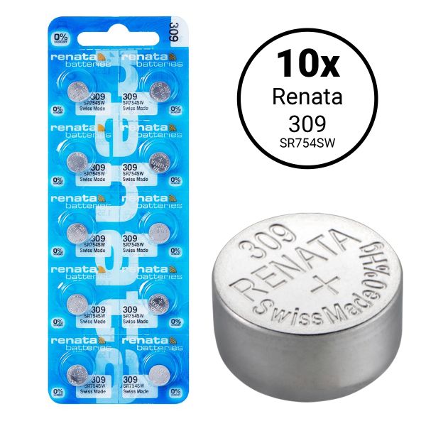 Renata 309 / SR754SW - 10 Knopfzellen-Uhrenbatterien (Swiss Made).