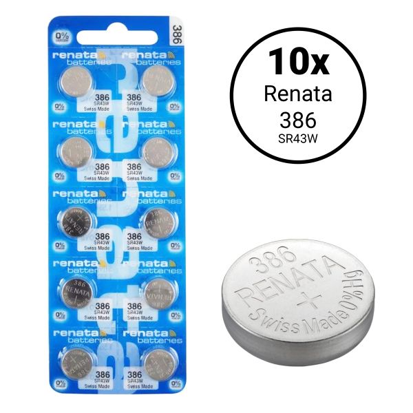 Renata 386 / SR43W - 10 Uhren Knopfzellen Batterien (Swiss Made)