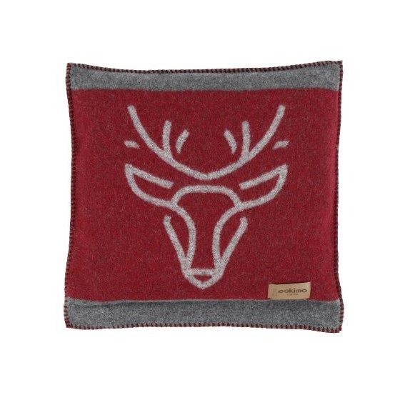 Eskimo Kissen Zernez mit modernem Hirschkopf, aus Wolle (45x45cm) - Rot/Grau