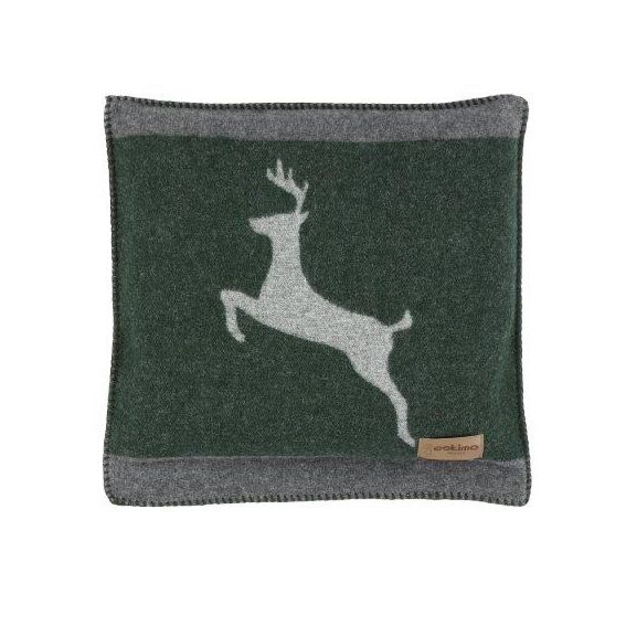 Eskimo Kissen Sedrun mit Hirsch aus Merinowolle (45x45cm) -Grün/Grau