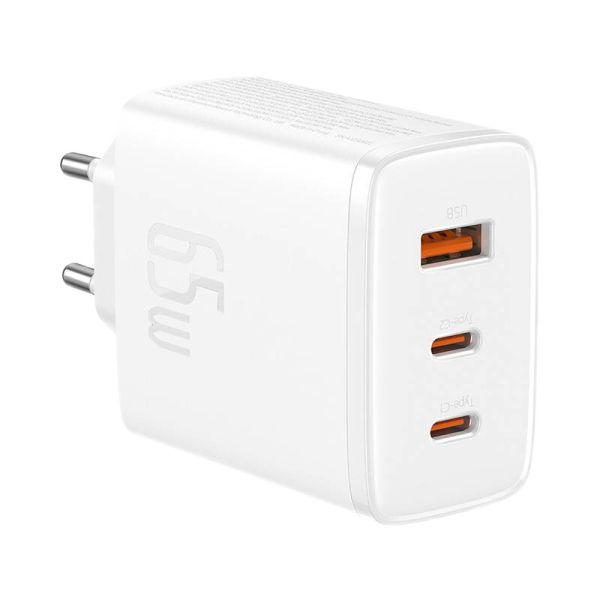 Baseus GaN Fast Charger 2C+U 65W Weiss, 2xUSB-C + USB-A - Ladegerät