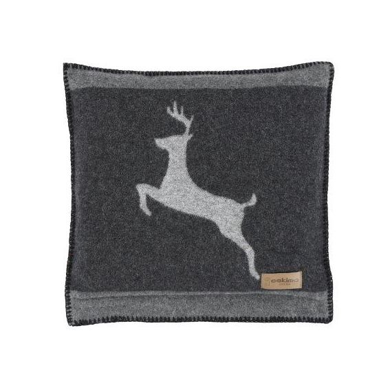Eskimo Kissen Sedrun mit Hirsch aus Merinowolle (45x45cm) - Anthrazit/Grau