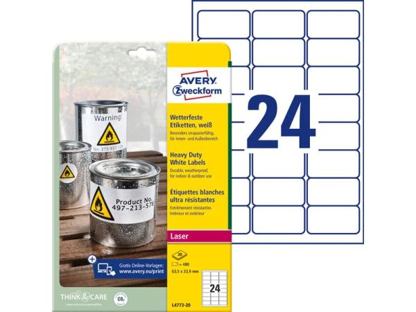 Avery Zweckform L4773-20, 63 x 33.9 mm, Wetterfest - Universal-Etiketten