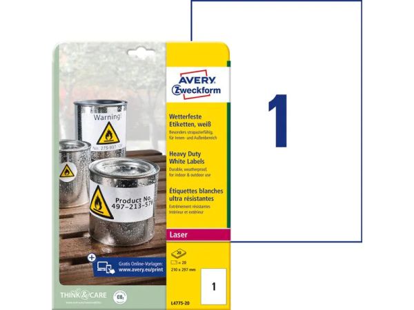 Avery Zweckform L4775-20, 210 x 297 mm - Wetterfest-Etiketten